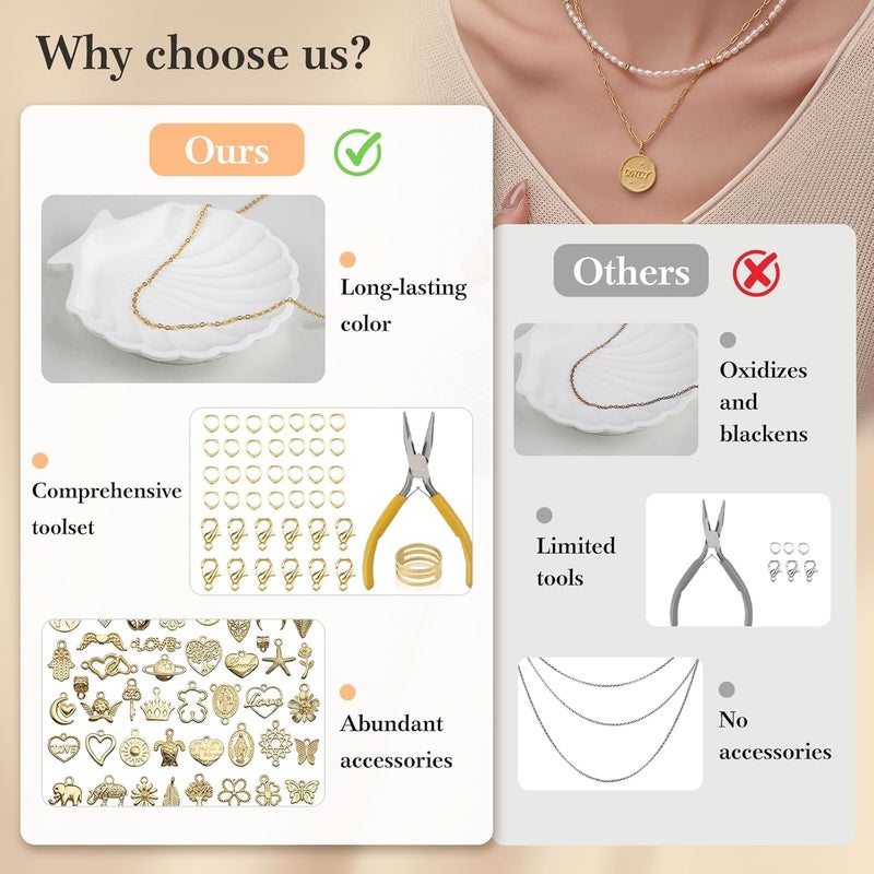Ecoofor 14k Gold Necklace Chain for Jewelry Making, 16.6 Feet Total (5 Rolls) DIY Bracelet Chains with 300 Jump Rings, 50 Lobster Clasps, 1 Jewelry Pliers,1 Support Ring and 50 Pendants - Image 5